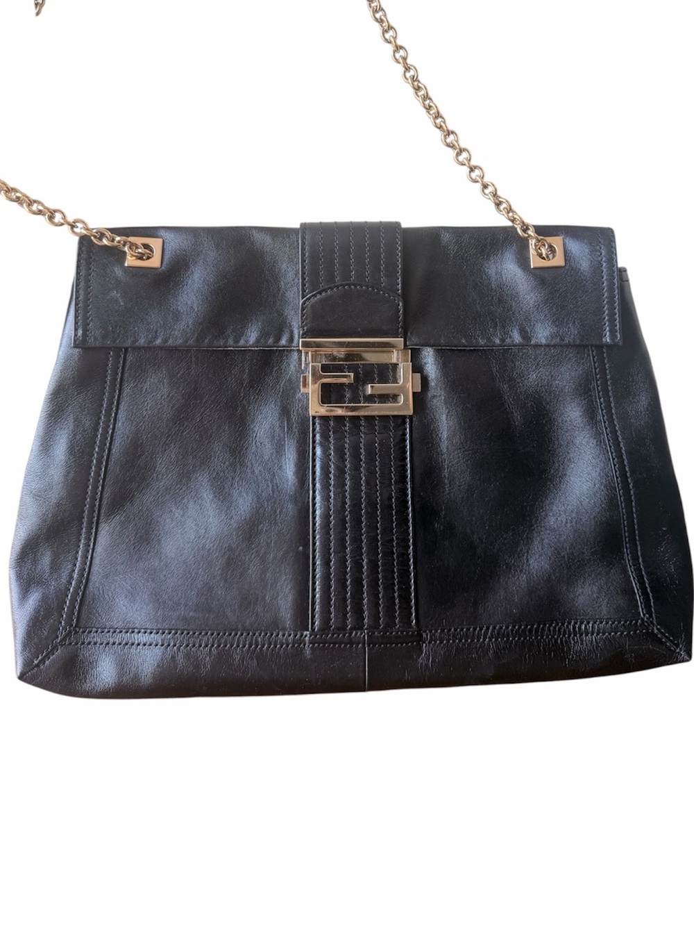 Fendi Black Leather Chain Shoulder Bag with Gold Hardware